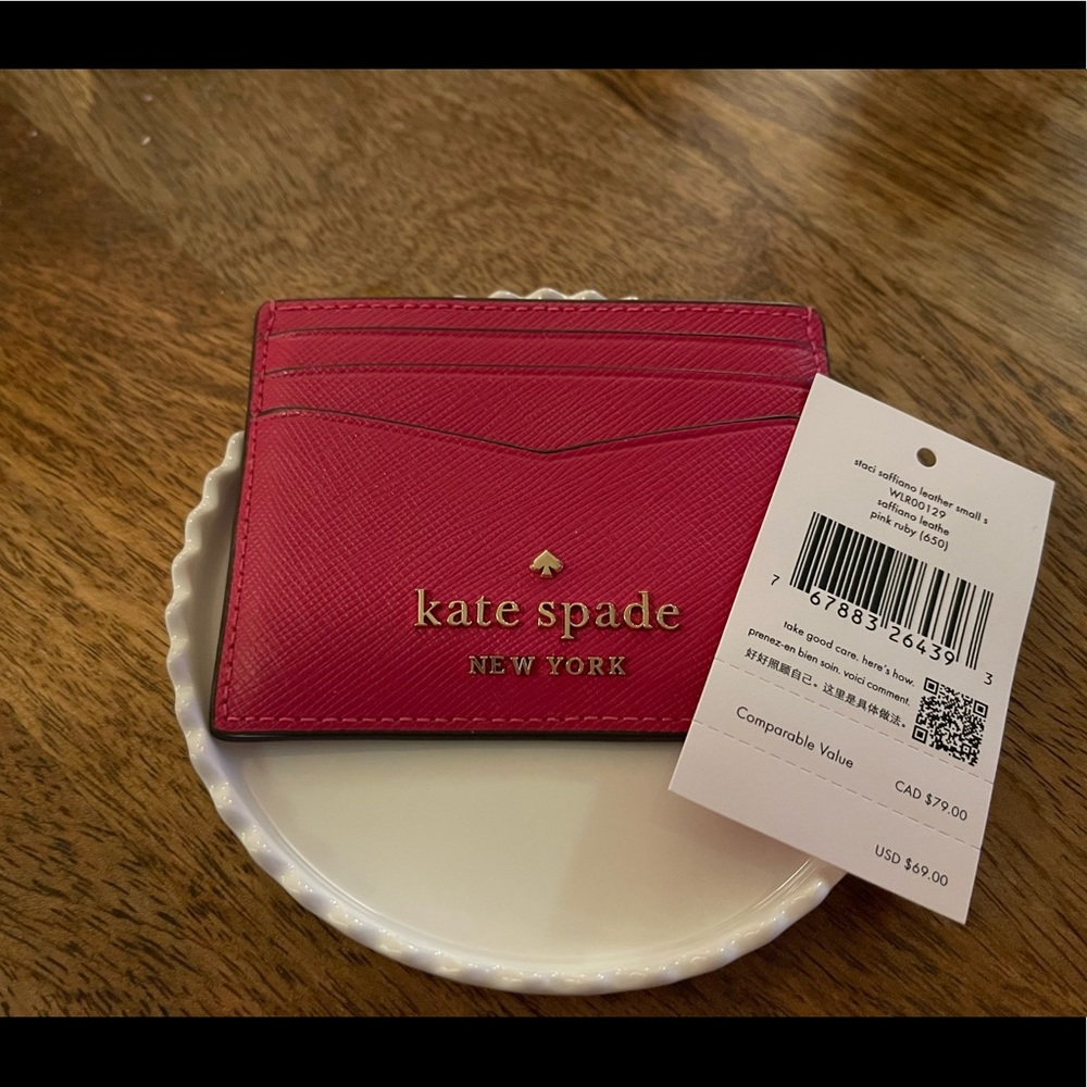 Kate Spade Staci Saffiano Leather Small Slim Card Holder (Pink Ruby)